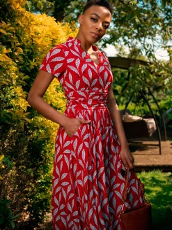 Marbouka Stand Collar Maxi Dress, Red Leafy