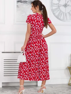 Marbouka Stand Collar Maxi Dress, Red Leafy