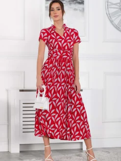 Marbouka Stand Collar Maxi Dress, Red Leafy