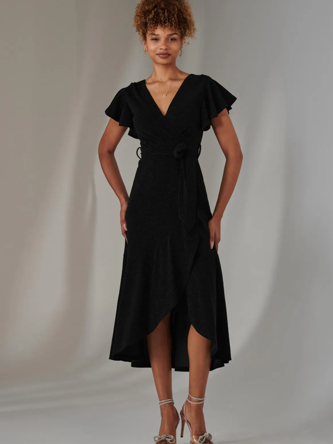 Marlie Metallic Angel Sleeve Maxi Dress, Black