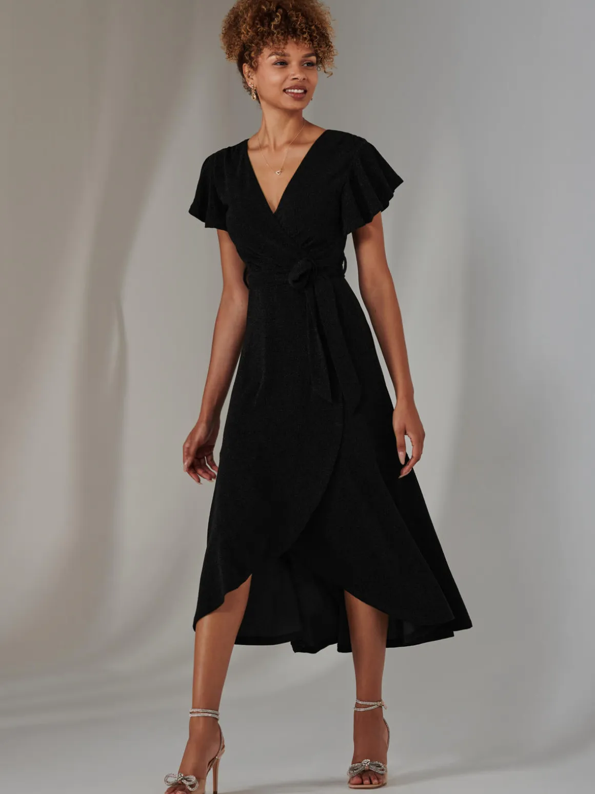 Marlie Metallic Angel Sleeve Maxi Dress, Black