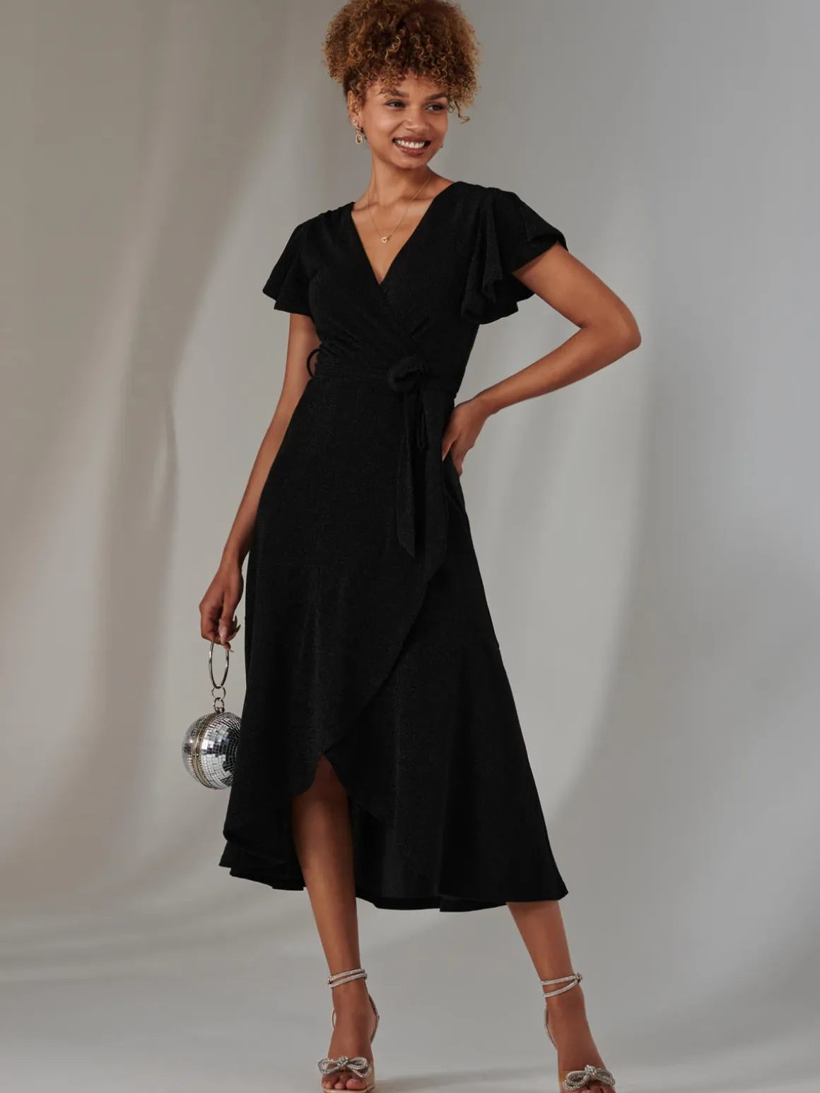 Marlie Metallic Angel Sleeve Maxi Dress, Black