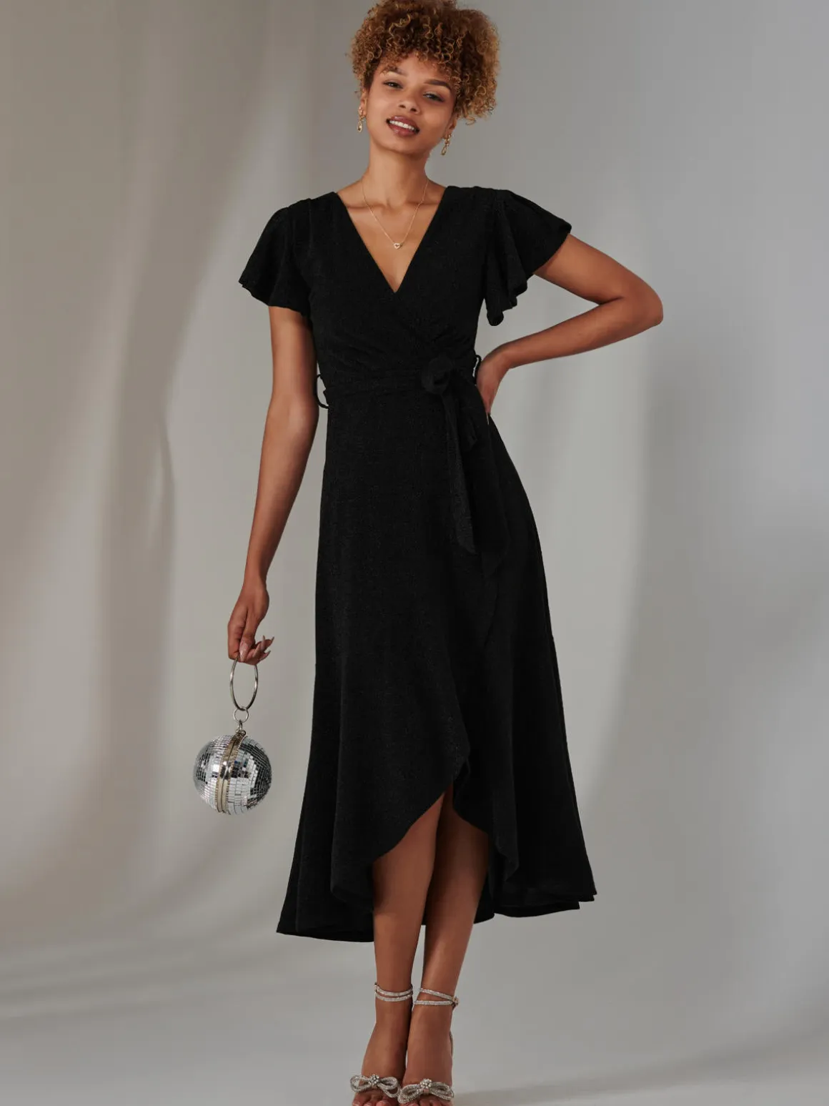 Marlie Metallic Angel Sleeve Maxi Dress, Black