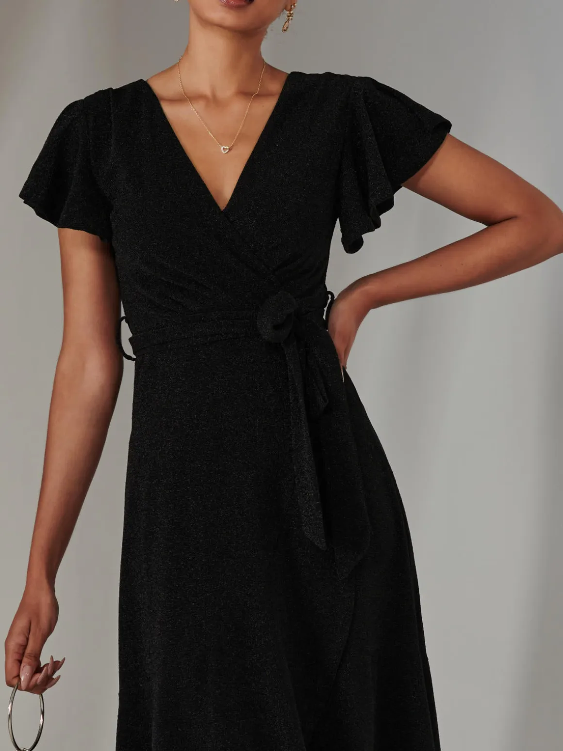 Marlie Metallic Angel Sleeve Maxi Dress, Black