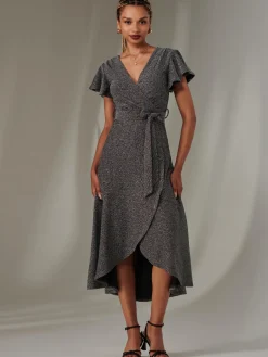 Marlie Metallic Angel Sleeve Maxi Dress, Black-Silver