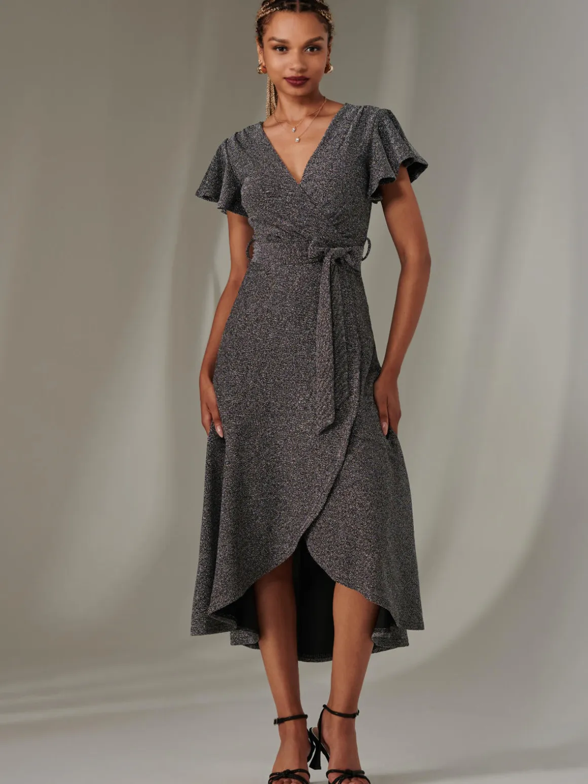 Marlie Metallic Angel Sleeve Maxi Dress, Black-Silver