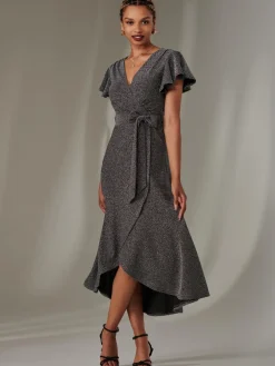 Marlie Metallic Angel Sleeve Maxi Dress, Black-Silver