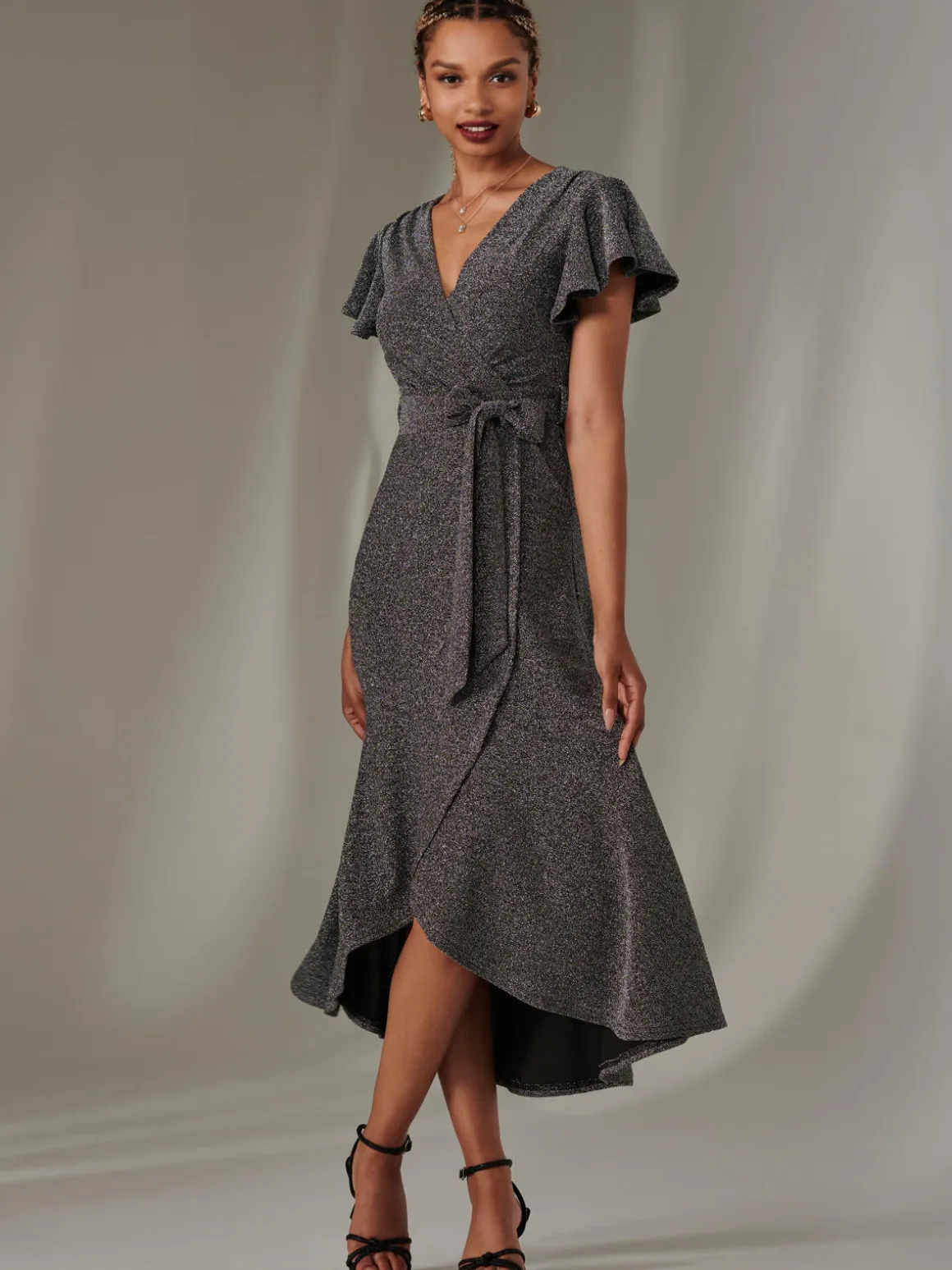 Marlie Metallic Angel Sleeve Maxi Dress, Black-Silver