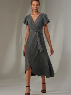 Marlie Metallic Angel Sleeve Maxi Dress, Black-Silver