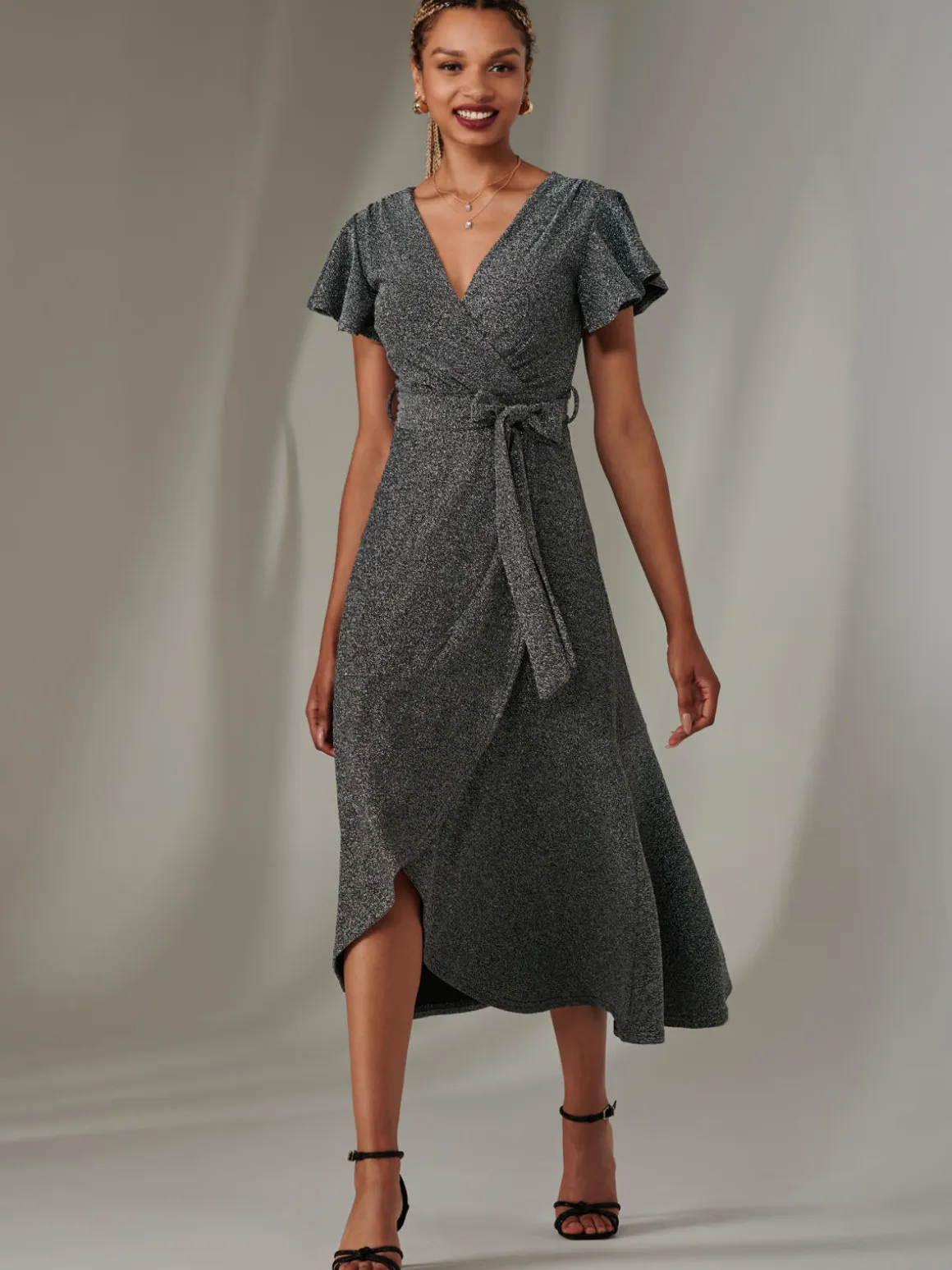 Marlie Metallic Angel Sleeve Maxi Dress, Black-Silver