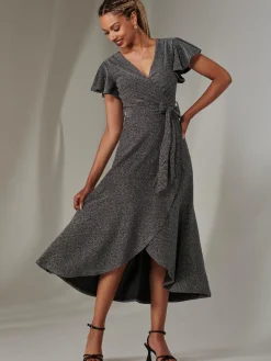 Marlie Metallic Angel Sleeve Maxi Dress, Black-Silver