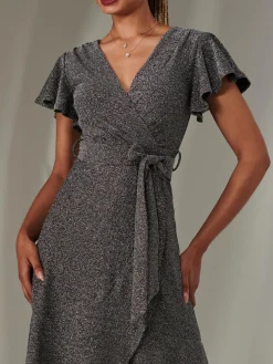 Marlie Metallic Angel Sleeve Maxi Dress, Black-Silver