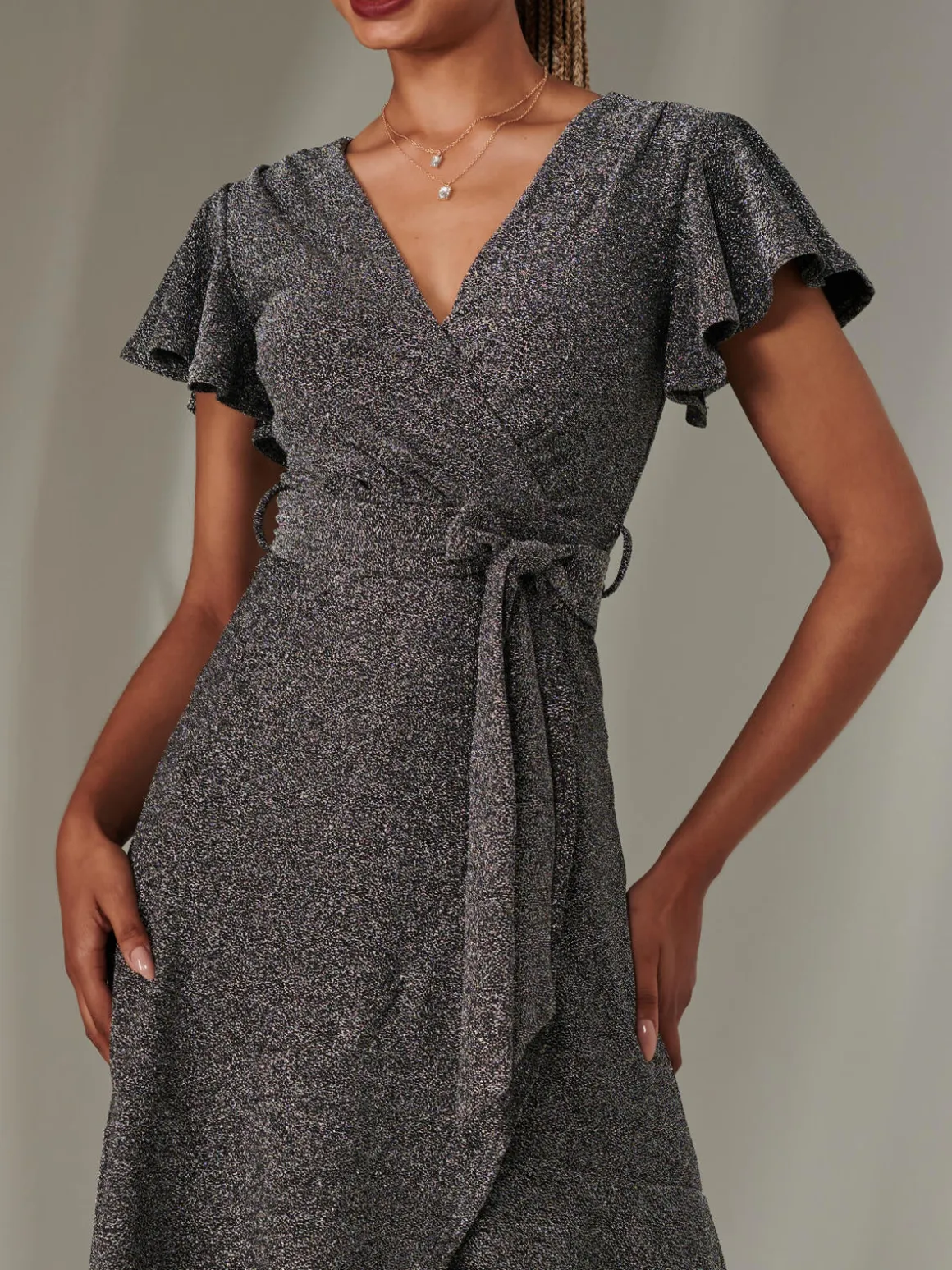 Marlie Metallic Angel Sleeve Maxi Dress, Black-Silver