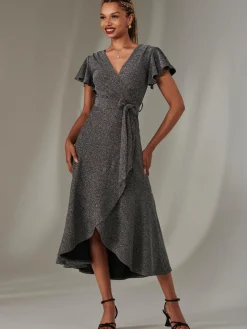 Marlie Metallic Angel Sleeve Maxi Dress, Black-Silver