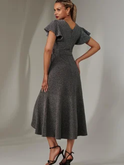 Marlie Metallic Angel Sleeve Maxi Dress, Black-Silver