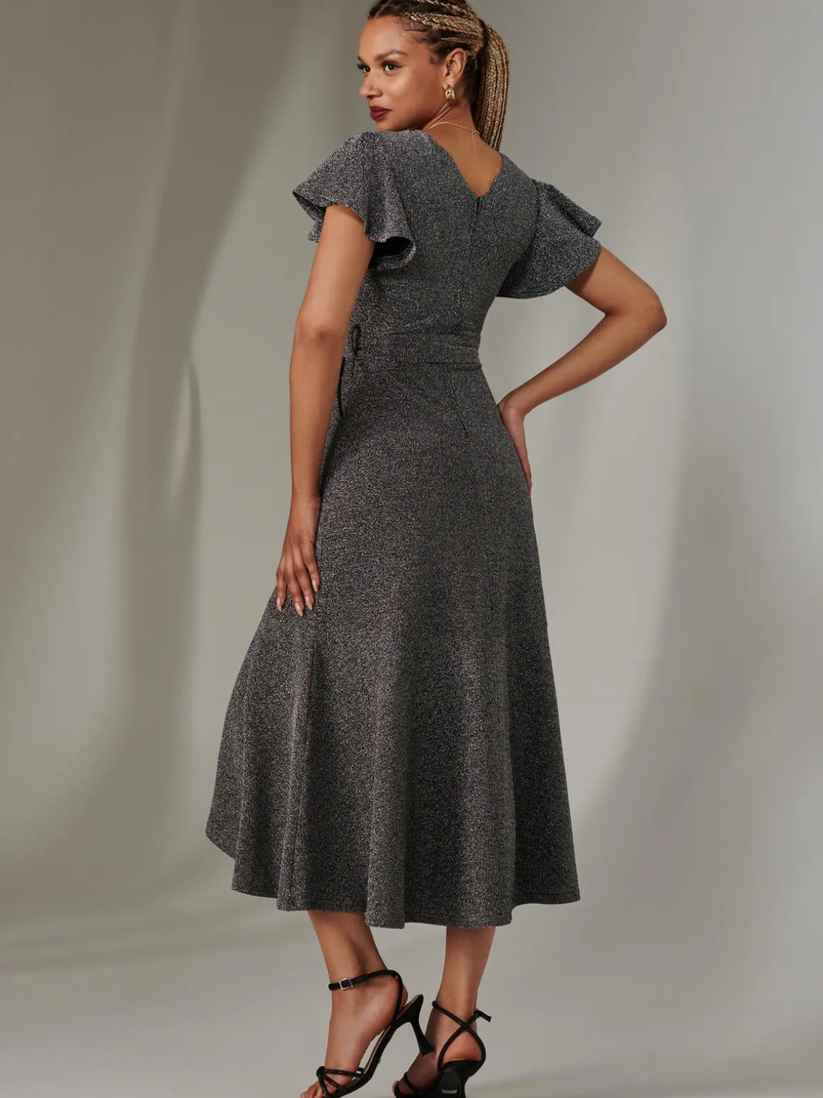 Marlie Metallic Angel Sleeve Maxi Dress, Black-Silver