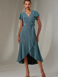 Marlie Metallic Angel Sleeve Maxi Dress, Blue/Silver