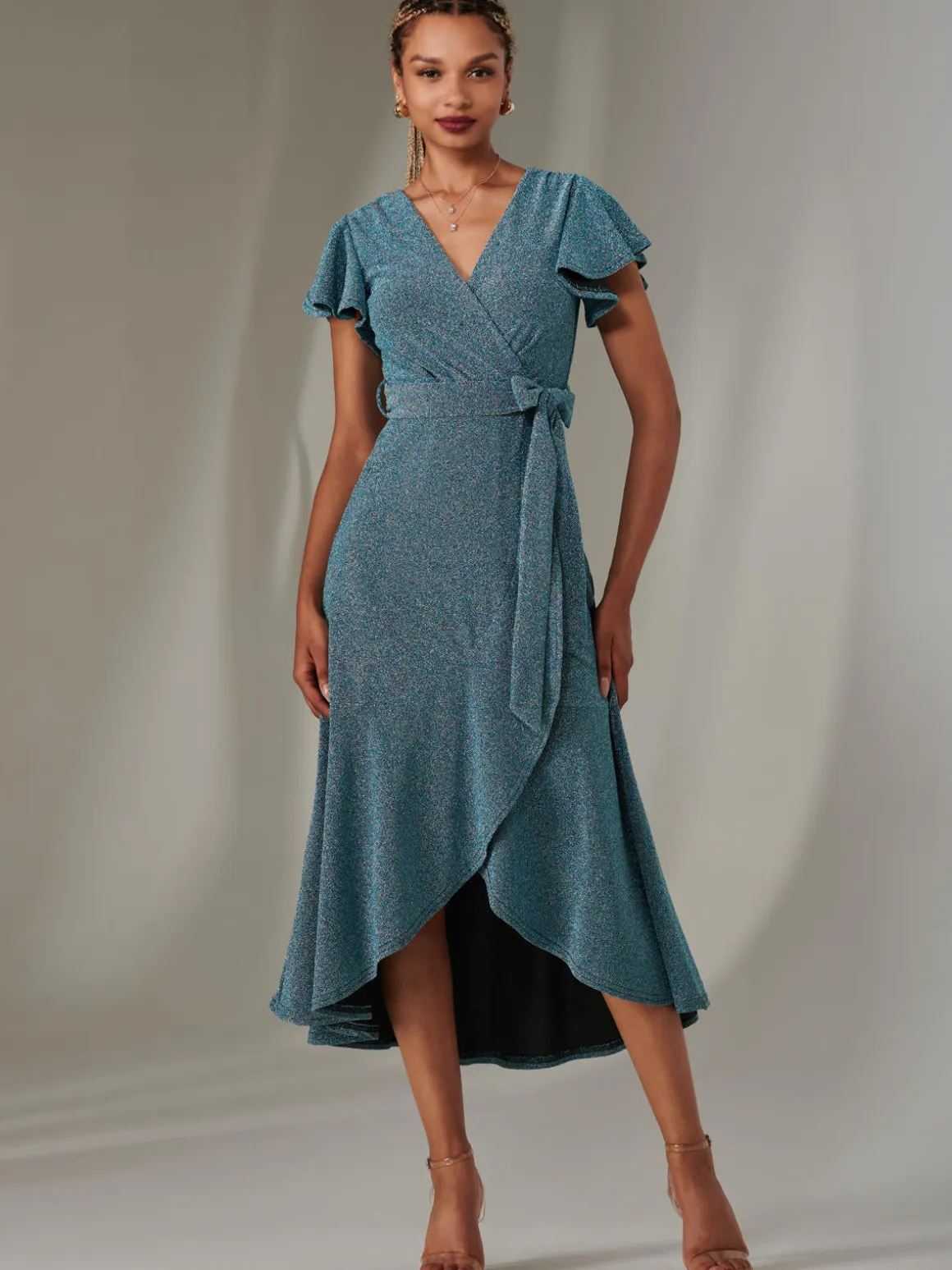 Marlie Metallic Angel Sleeve Maxi Dress, Blue/Silver