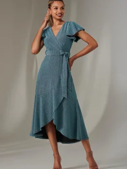 Marlie Metallic Angel Sleeve Maxi Dress, Blue/Silver