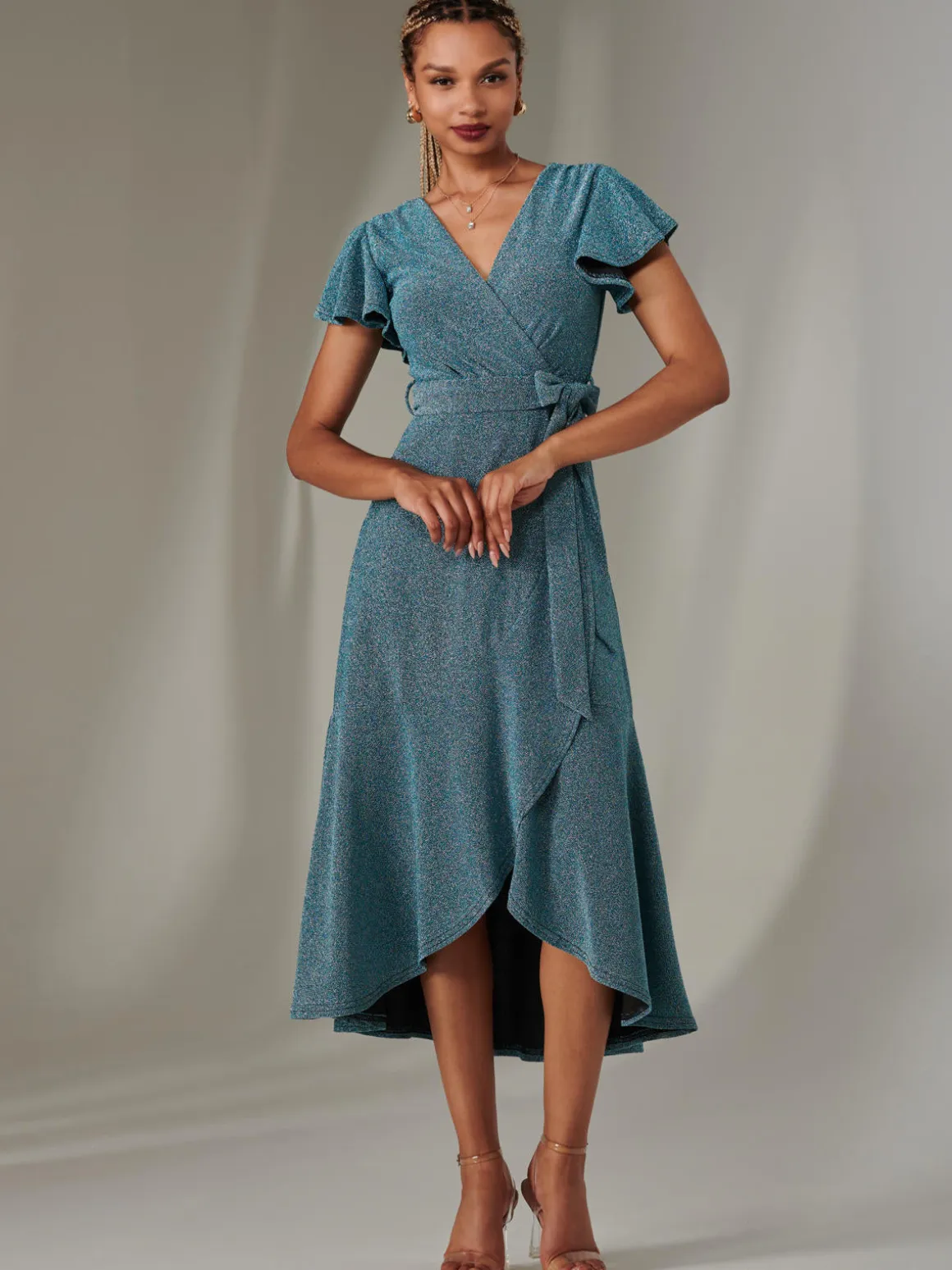 Marlie Metallic Angel Sleeve Maxi Dress, Blue/Silver