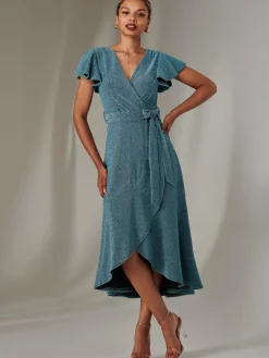 Marlie Metallic Angel Sleeve Maxi Dress, Blue/Silver