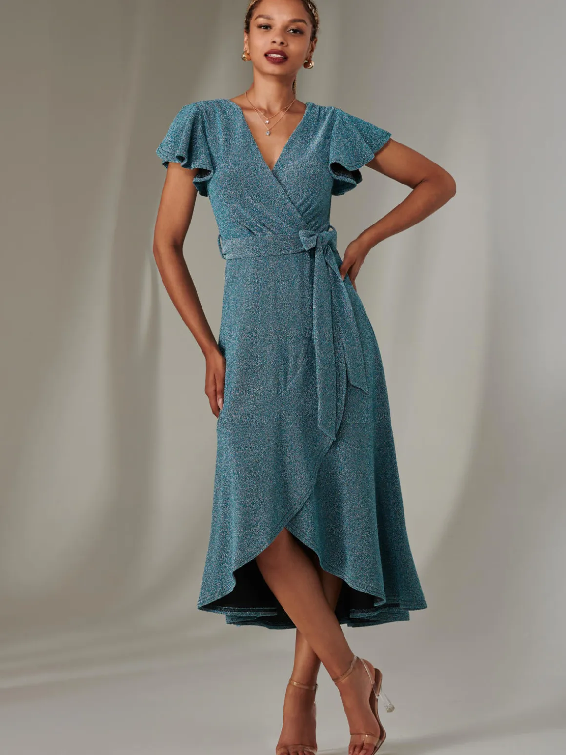 Marlie Metallic Angel Sleeve Maxi Dress, Blue/Silver