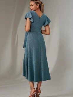 Marlie Metallic Angel Sleeve Maxi Dress, Blue/Silver