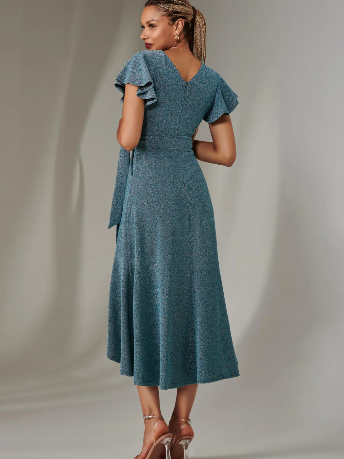 Marlie Metallic Angel Sleeve Maxi Dress, Blue/Silver