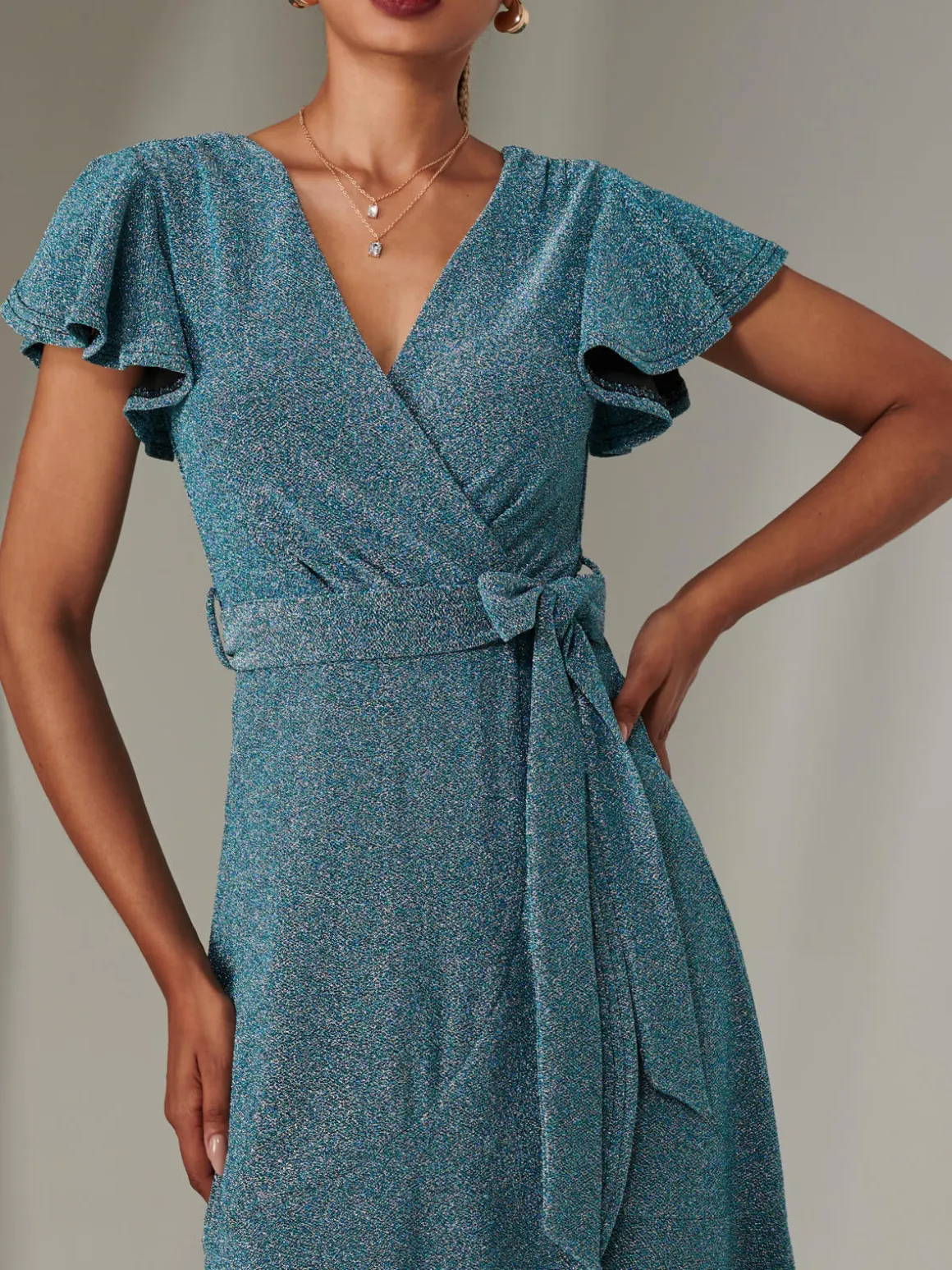 Marlie Metallic Angel Sleeve Maxi Dress, Blue/Silver