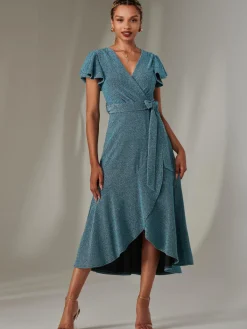 Marlie Metallic Angel Sleeve Maxi Dress, Blue/Silver