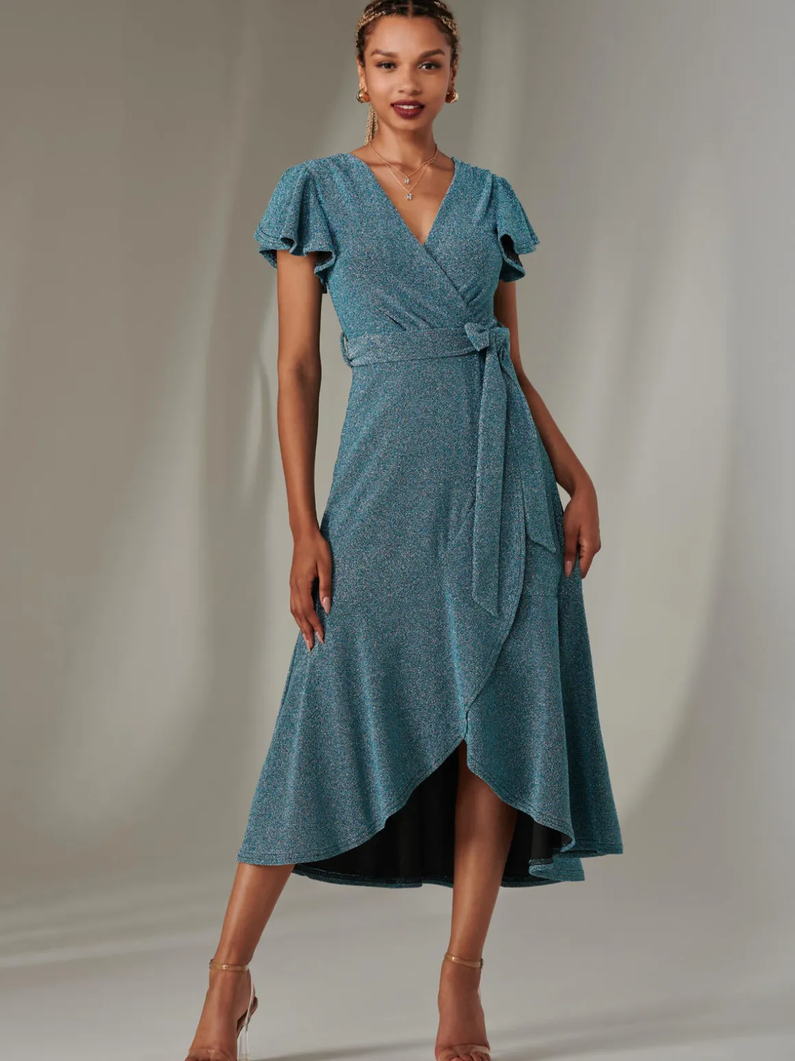 Marlie Metallic Angel Sleeve Maxi Dress, Blue/Silver