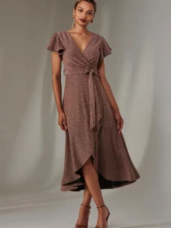 Marlie Metallic Angel Sleeve Maxi Dress, Gold/Red