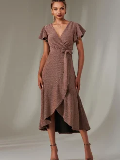 Marlie Metallic Angel Sleeve Maxi Dress, Gold/Red