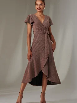 Marlie Metallic Angel Sleeve Maxi Dress, Gold/Red