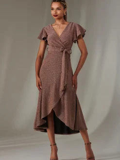 Marlie Metallic Angel Sleeve Maxi Dress, Gold/Red