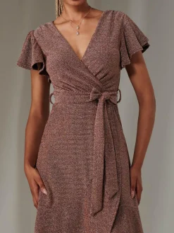 Marlie Metallic Angel Sleeve Maxi Dress, Gold/Red
