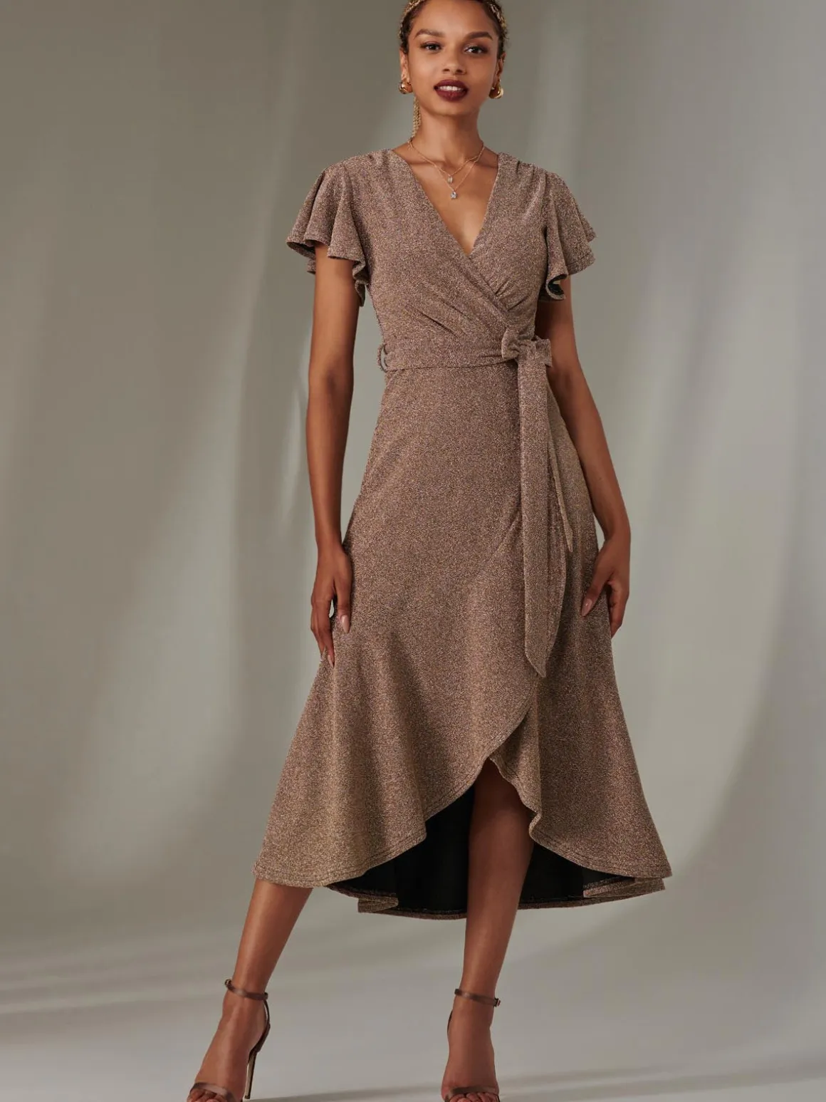 Marlie Metallic Angel Sleeve Maxi Dress, Gold/Silver