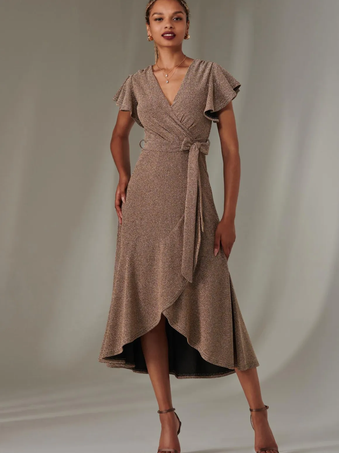 Marlie Metallic Angel Sleeve Maxi Dress, Gold/Silver