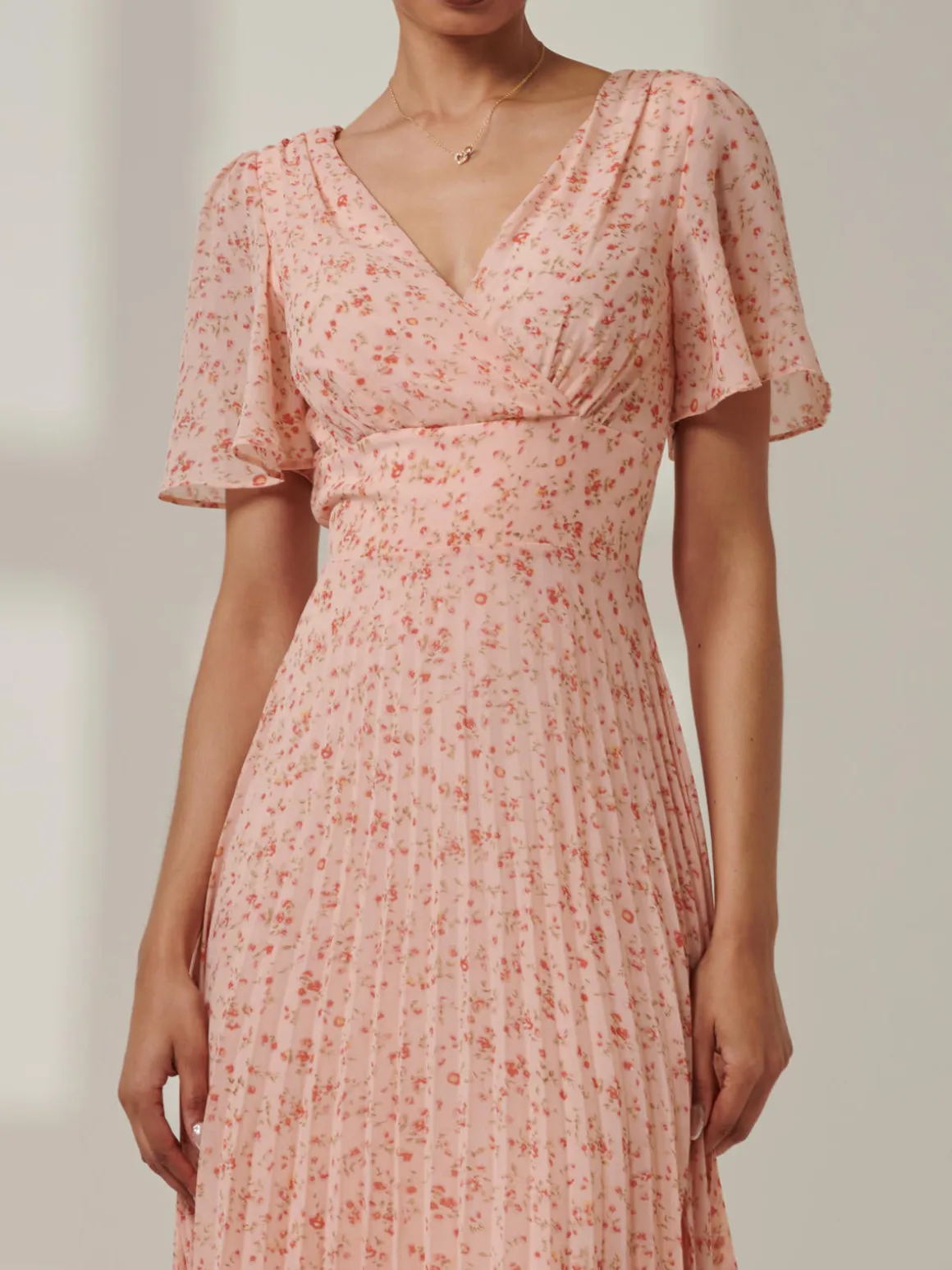 Meagan V-Neck Chiffon Maxi Dress, Pink Ditsy