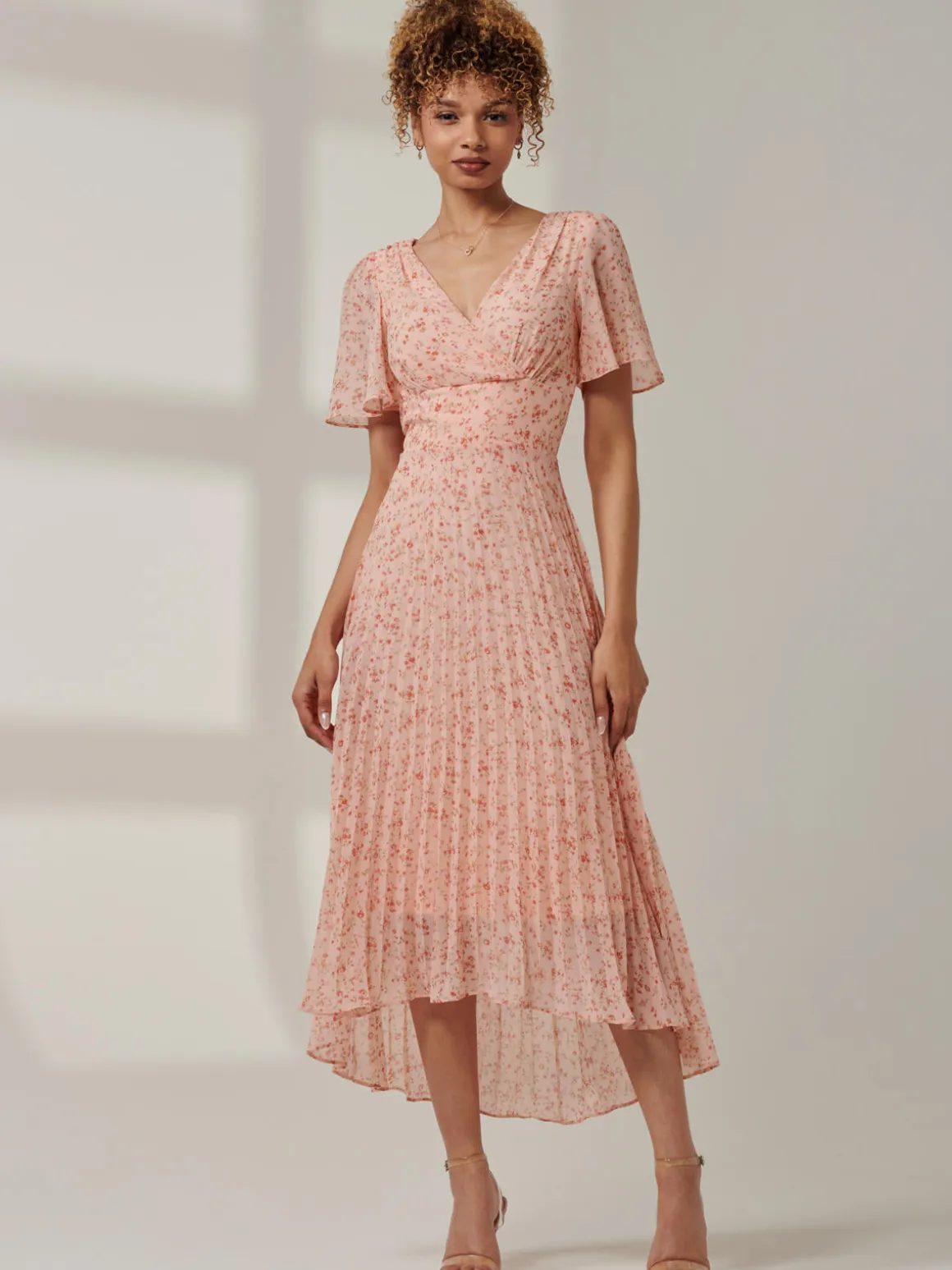 Meagan V-Neck Chiffon Maxi Dress, Pink Ditsy