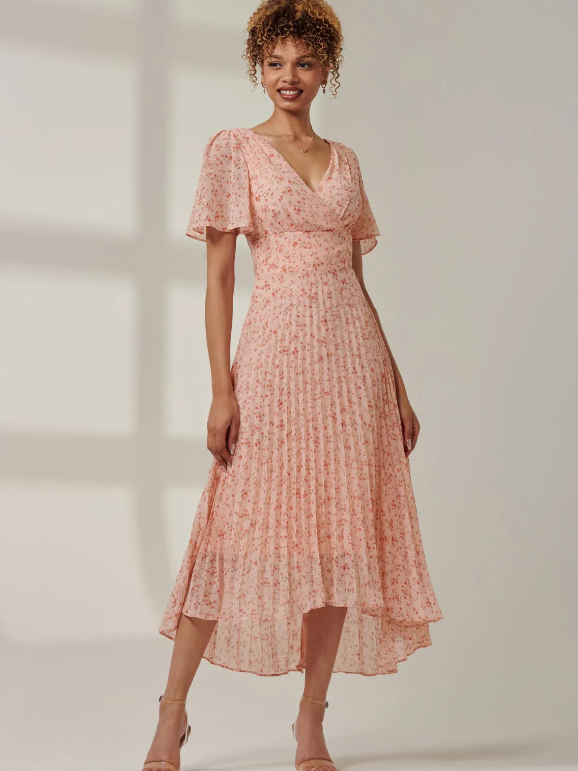 Meagan V-Neck Chiffon Maxi Dress, Pink Ditsy