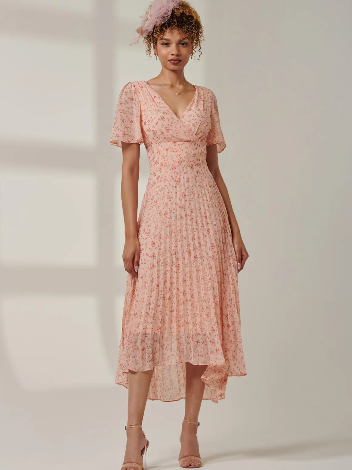 Meagan V-Neck Chiffon Maxi Dress, Pink Ditsy