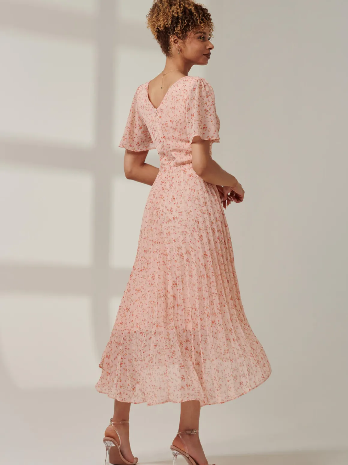 Meagan V-Neck Chiffon Maxi Dress, Pink Ditsy