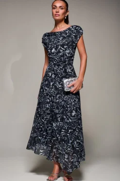 Mesh Asymmetrical Draped Maxi Dress, Black Abstract