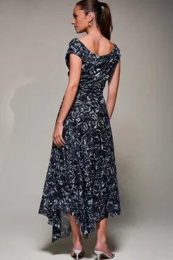 Mesh Asymmetrical Draped Maxi Dress, Black Abstract