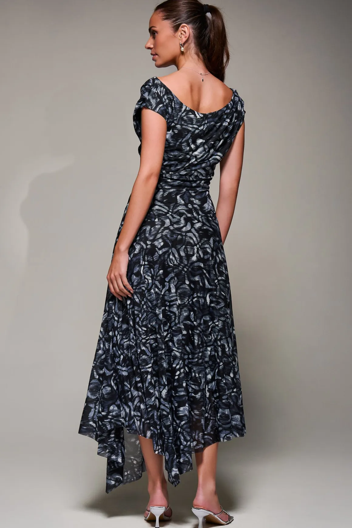 Mesh Asymmetrical Draped Maxi Dress, Black Abstract
