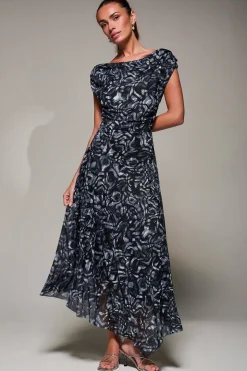 Mesh Asymmetrical Draped Maxi Dress, Black Abstract