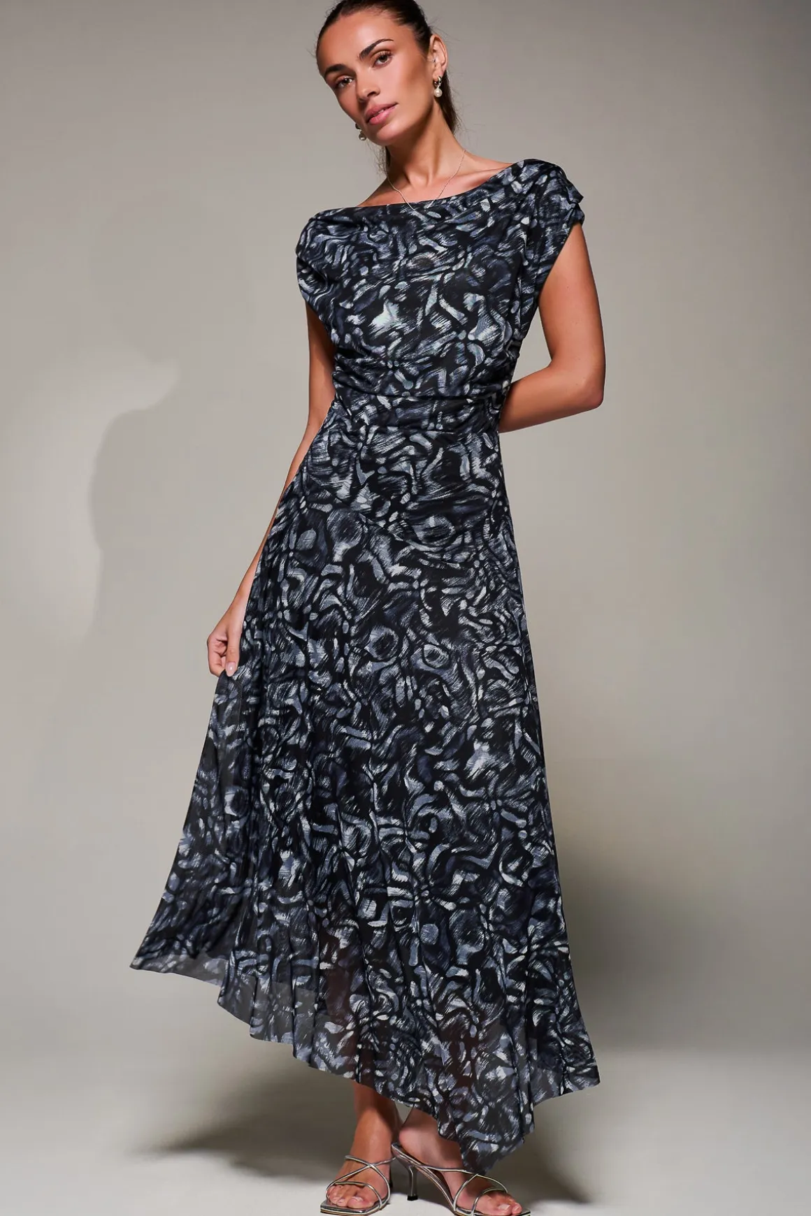 Mesh Asymmetrical Draped Maxi Dress, Black Abstract