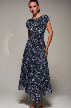 Mesh Asymmetrical Draped Maxi Dress, Black Abstract