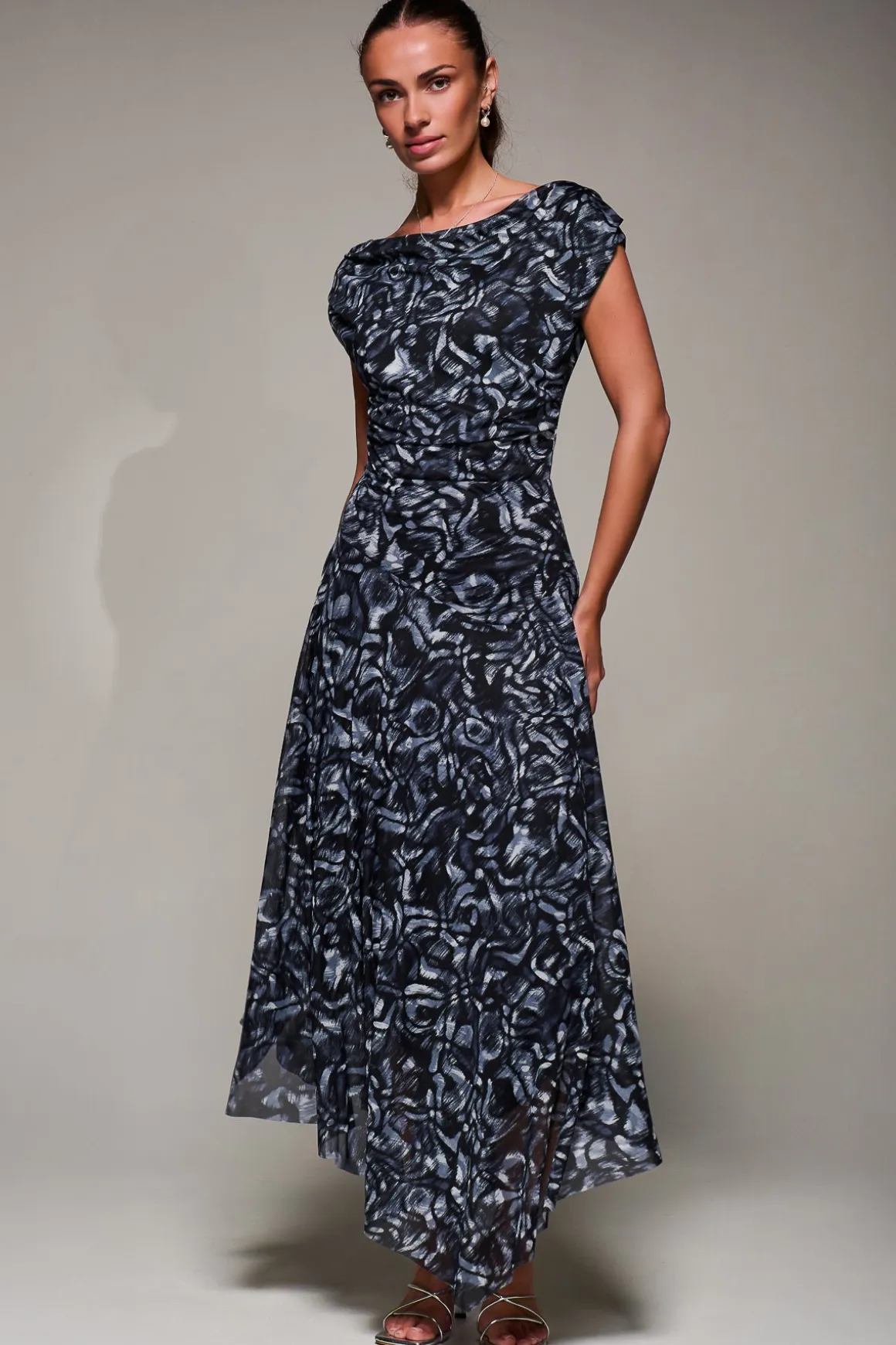 Mesh Asymmetrical Draped Maxi Dress, Black Abstract